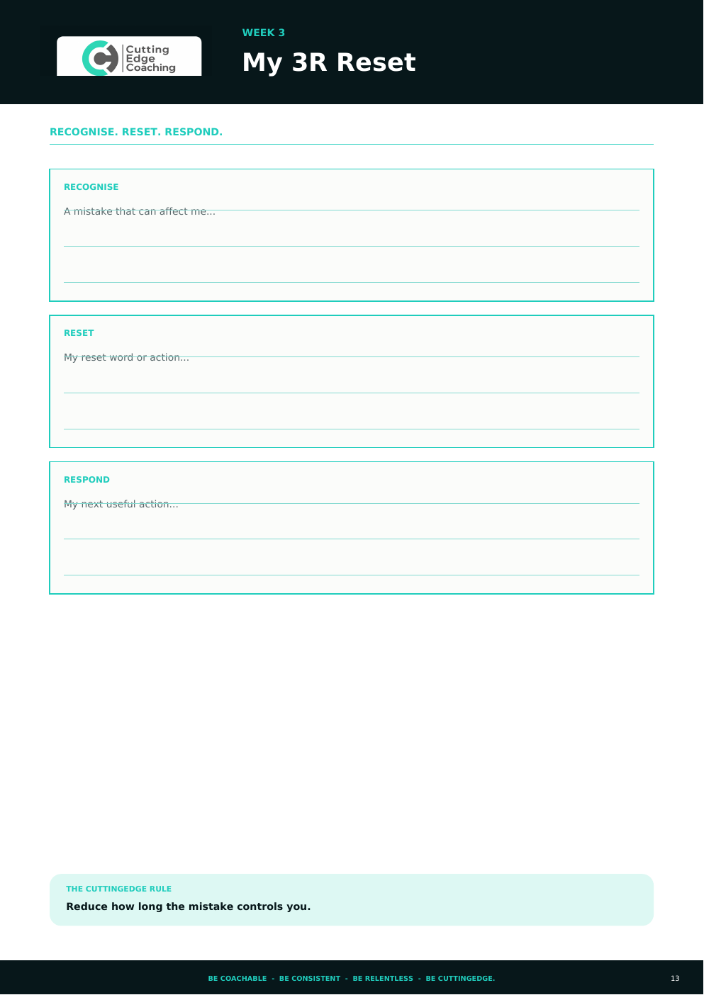 Athlete Mindset Workbook page teaching the 3R Reset