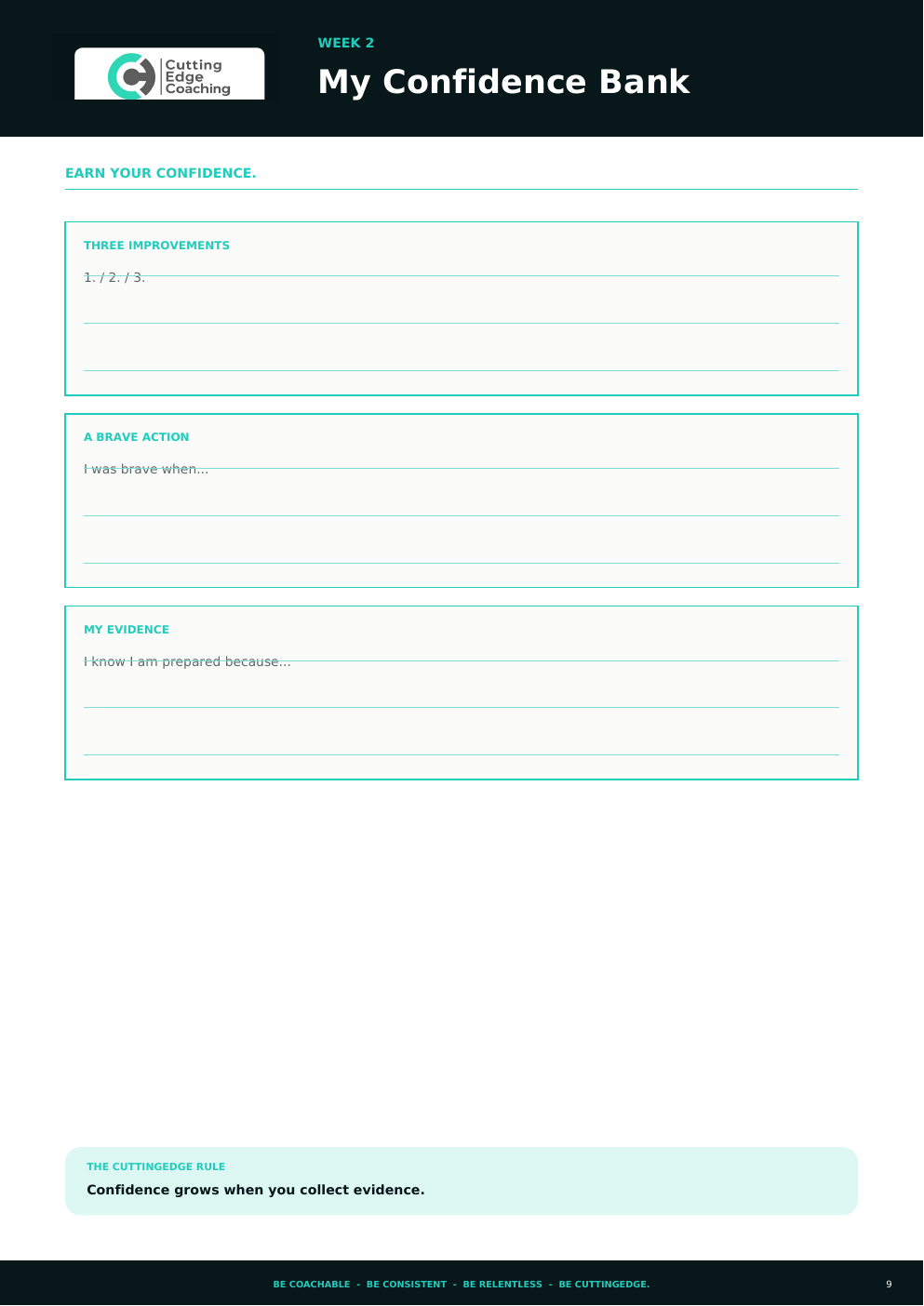 Athlete Mindset Workbook page for building a Confidence Bank